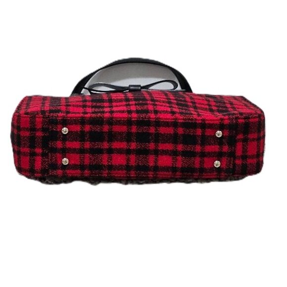VINTAGE RETRO BLACK RED PLAID VEGAN WOOL & LEATHER HANDBAG - Picture 4 of 6